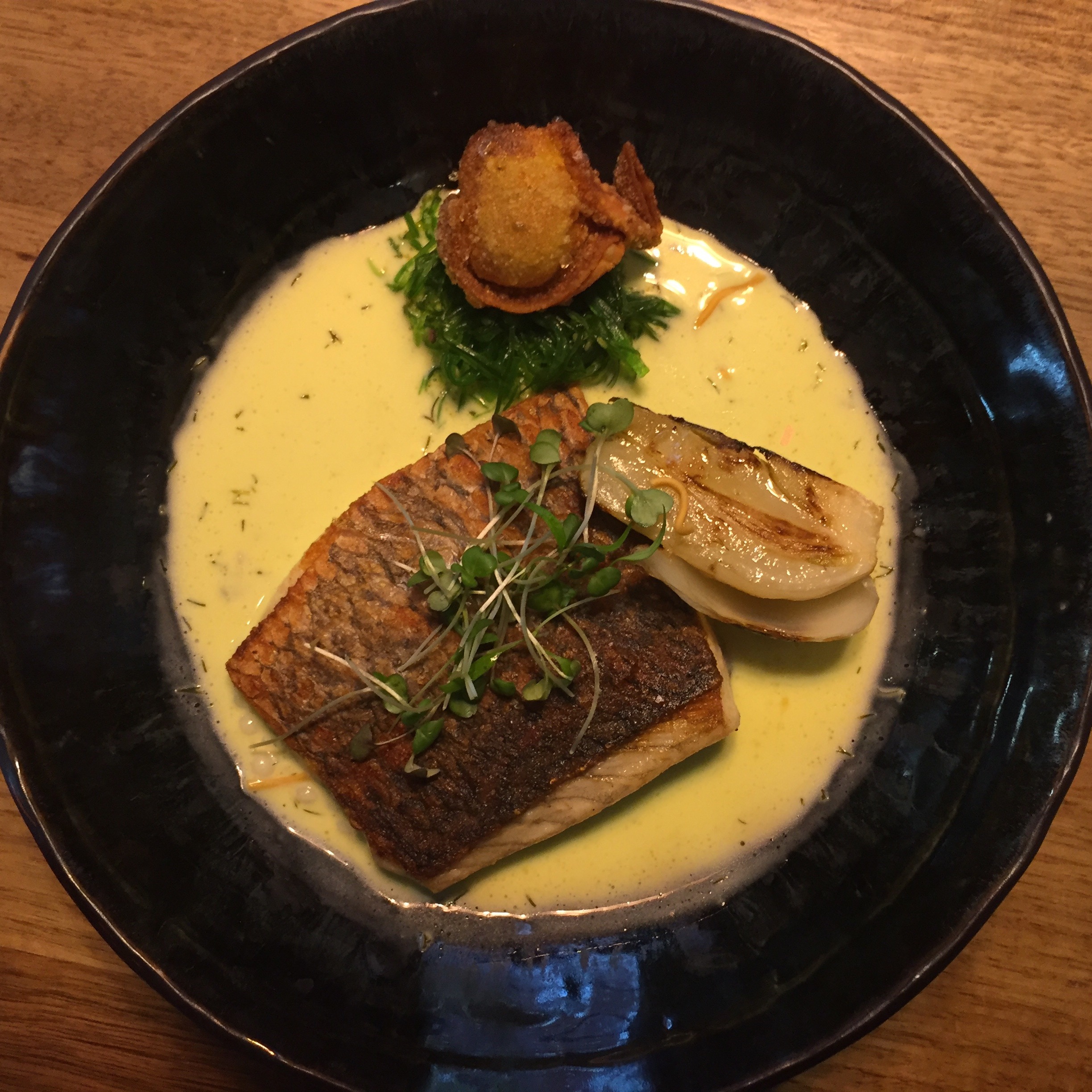 Barramundi in Butter Yuzu Sauce with Fried Wonton